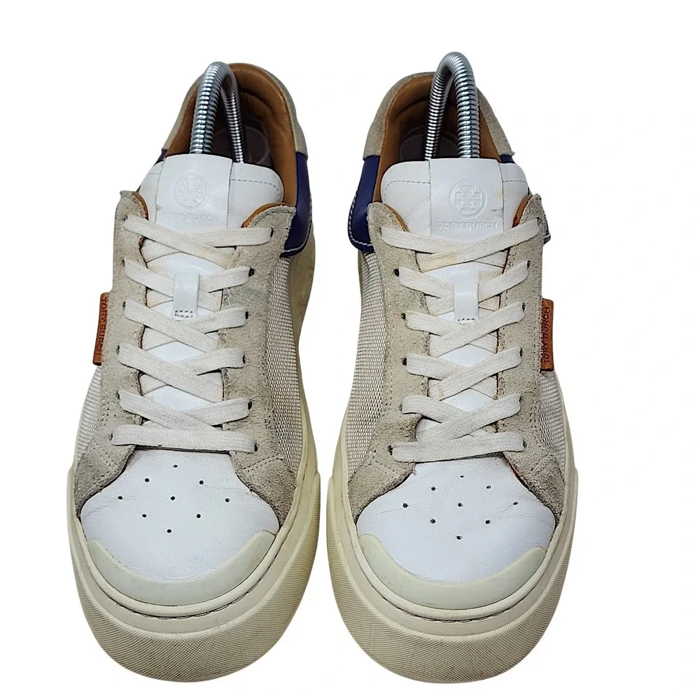 Tory Burch Ladybug Sneakers 9 M Womens Cream Blue Platform Mesh Leather Suede